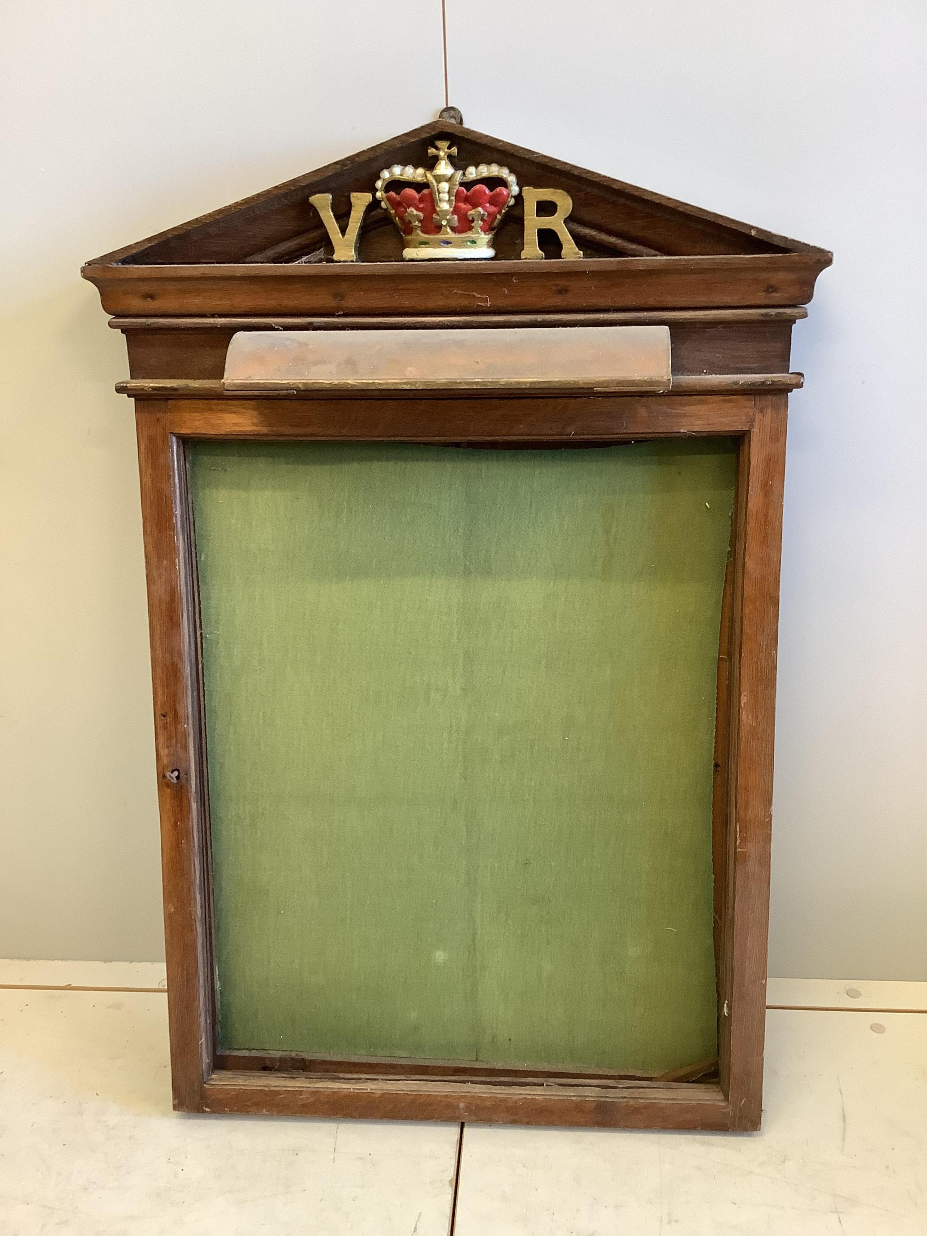 A Victorian style oak and mahogany notice board, width 65cm, height 97cm